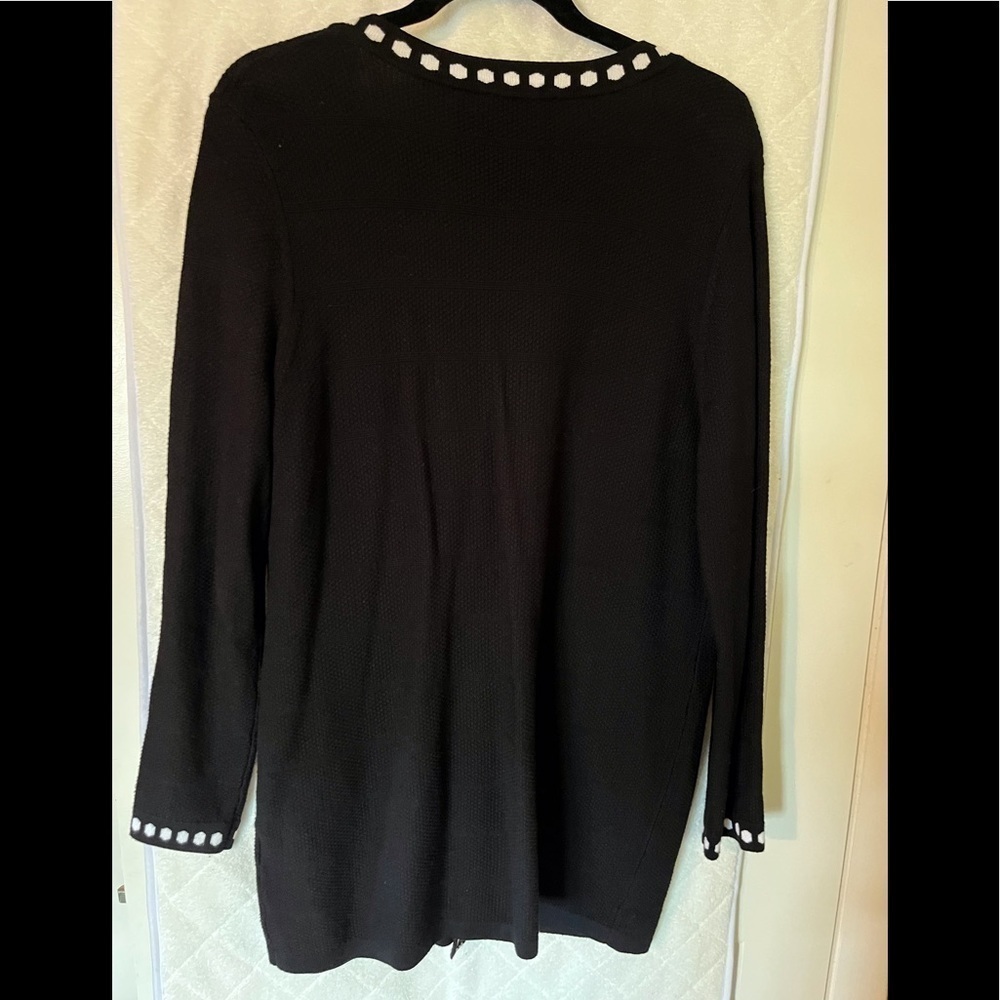 Black knit Cardigan Sweater trimmed in white. Size Large - Picture 2 of 3